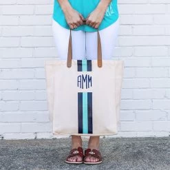 Monogrammed Canvas Bag -Fashion Clothing Store CAy Monogrammed Canvas Bag Mint and Navy with Sandals