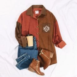 Monogrammed Oversized Button Down Tunic 19 Monogrammed Oversized Button Down Tunic -Fashion Clothing Store CCF monogrammed fall patchwork ootd with jeans and boots