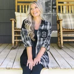 Monogrammed Oversized Button Down Tunic 14 Monogrammed Oversized Button Down Tunic -Fashion Clothing Store CCF personalized black and white plaid oversized button down tunic