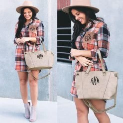 Monogrammed Purse -Fashion Clothing Store CPR monogrammed purse styled with plaid dress and hat split
