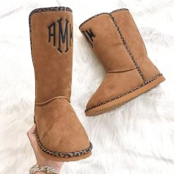 Monogrammed Sherpa Booties -Fashion Clothing Store CZv personalized sherpa booties in hickory leopard