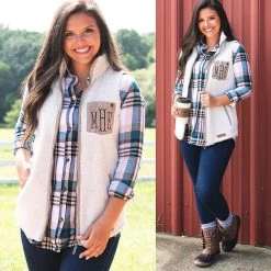 Monogrammed Sherpa Vest -Fashion Clothing Store Cbu ivory monogrammed sherpa vest with teal plaid tunic
