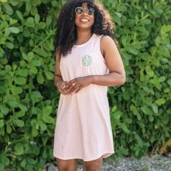 Monogrammed Sleeveless Dress -Fashion Clothing Store DFM light pink dot dress with mint monogram