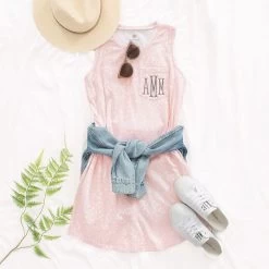 Monogrammed Sleeveless Dress -Fashion Clothing Store DFM monogrammed pink dottie dress with denim jacket