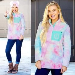 Monogrammed Tie Dye Sherpa Pullover -Fashion Clothing Store DHF monogrammed mint pocket tie dye sherpa pullover