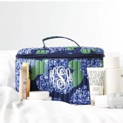Monogrammed Quilted Train Case -Fashion Clothing Store Dea blue hydrangea quilted train case with props