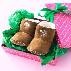 Monogrammed Baby Booties -Fashion Clothing Store Dgn brown baby booties in box