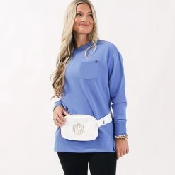 Monogrammed Belt Bag -Fashion Clothing Store ECQ ivory monogrammed belt bag fanny pack around waist with khaki thread