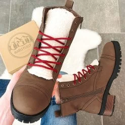 Monogrammed Fall Boots -Fashion Clothing Store EMa combat boots with sherpa tongues and red laces