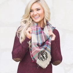 Monogrammed Plaid Scarf -Fashion Clothing Store EbP camel plaid monogrammed blanket scarf