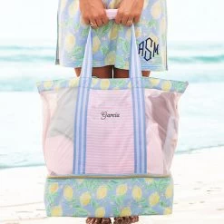 Monogrammed Beach Cooler Tote -Fashion Clothing Store Eh1 lemonade beach cooler tote in hands name