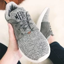 Monogrammed Athleisure Sneakers -Fashion Clothing Store F0M monogrammed gray sneakers with mesh and suede