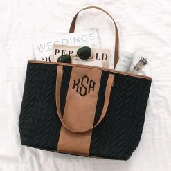 Monogrammed Quilted Travel Tote Bag -Fashion Clothing Store F1Q black and brown quilted travel tote bag flatlay