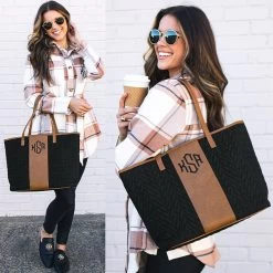 Monogrammed Quilted Travel Tote Bag -Fashion Clothing Store F1Q black and brown quilted travel tote bag split image