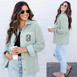 Monogrammed Sherpa Shacket -Fashion Clothing Store Fy1 aloe sherpa shacket SPLIT front and side view white wall clogs coffee sunglasses