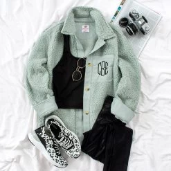 Monogrammed Sherpa Shacket -Fashion Clothing Store Fy1 aloe sherpa shacket flatlay with camera black athlesurejpg
