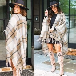 Plaid Poncho 6 Plaid Poncho -Fashion Clothing Store GDE front and back of tan plaid poncho