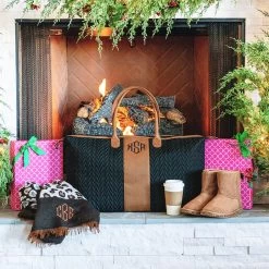 Monogrammed Quilted Travel Bag -Fashion Clothing Store GTD Holiday fireplace presents quilted travel bag leopard boots and blanket new