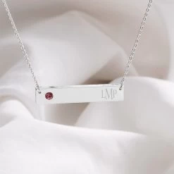 Monogrammed Birthstone Necklace -Fashion Clothing Store GdX June birthstone bar necklace with white sheet