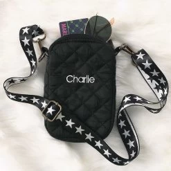 Monogrammed Quilted Phone Crossbody 12 Monogrammed Quilted Phone Crossbody -Fashion Clothing Store Gz5 name on black quilted phone crossbody with silver star strap