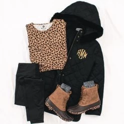 Monogrammed Winter Coat -Fashion Clothing Store H5F black monogrammed winter coat ootd with leopard layering tunic