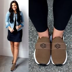 Monogrammed Slip On Sneakers -Fashion Clothing Store H7k hickory split outfit and closeup slip on sneakers
