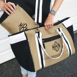 Monogrammed Neoprene Weekender -Fashion Clothing Store HCB personalized neoprene weekender in tan with monogrammed neoprene cosmetic case new