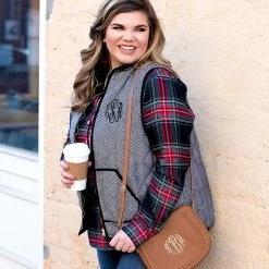 Monogrammed Herringbone Vest -Fashion Clothing Store HVl black herringbone monogrammed vest with plaid top