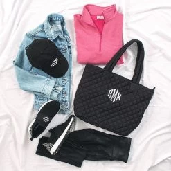 Monogrammed Diamond Quilted Tote -Fashion Clothing Store HhR monogrammed quilted diamond tote with athleisure outfit
