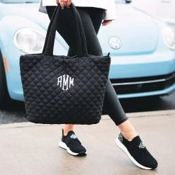 Monogrammed Diamond Quilted Tote -Fashion Clothing Store HhR monogrammed quilted tote in hand with vw bug