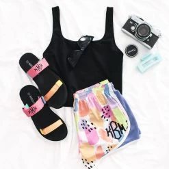 Monogrammed Summer Slides -Fashion Clothing Store HqC colorblock colorful sandals with melon patch running shorts