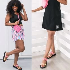 Monogrammed Summer Slides -Fashion Clothing Store HqC personalized summer slides with running shorts and dress ootd