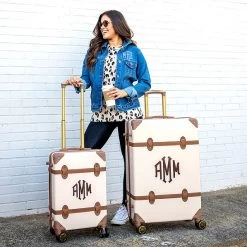 Monogrammed Vintage Suitcase -Fashion Clothing Store Ht9 monogrammed vintage suitcase carry on outside girl