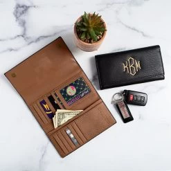 Monogrammed Wallet -Fashion Clothing Store IBm inside brown wallet with black wallet