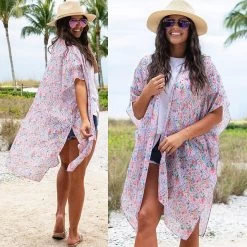 Floral Kimono -Fashion Clothing Store IWB coral floral kimono with white shirt and jean shorts