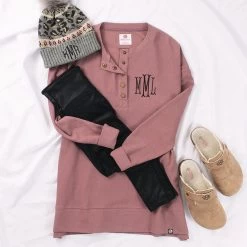 Monogrammed Waffle Henley Tunic 14 Monogrammed Waffle Henley Tunic -Fashion Clothing Store IWN mauve waffle ootd with beanie and slippers
