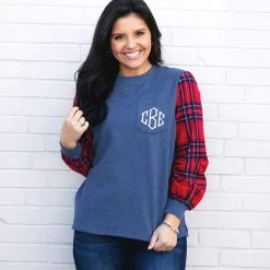 Monogrammed Plaid Sleeve Sweatshirt