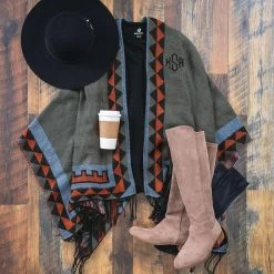 Monogrammed Aztec Poncho -Fashion Clothing Store Iy2 Aztec Pattern Poncho with tall boots and wide brim hat