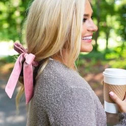 Velvet Bow Scrunchie Set -Fashion Clothing Store JDd pink velvet scrunchie in blonde hair