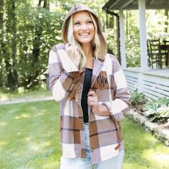 Monogrammed Shacket -Fashion Clothing Store JPd blonde wearing hickory shacket