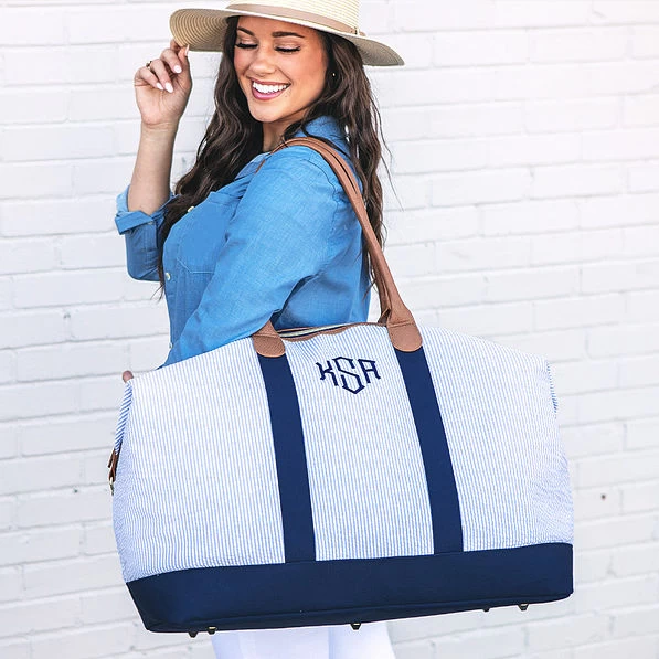 Monogrammed Seersucker Weekender 2 Monogrammed Seersucker Weekender - Image 2