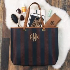 Monogrammed Striped Tote Bag -Fashion Clothing Store JZK Monogrammed Metallic Striped Tote Bag With Leopard Phone Case Flatlay