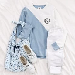 Monogrammed Colorblock Sweatshirt 7 Monogrammed Colorblock Sweatshirt -Fashion Clothing Store JbU colorblock sweatshirt with hobo bag and white jeans