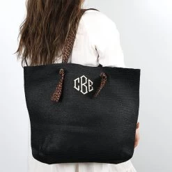 Monogrammed Straw Purse -Fashion Clothing Store JyJ black straw purse on shoulder