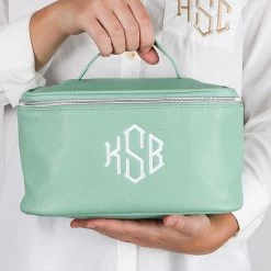 Monogrammed Train Travel Case 8 Monogrammed Train Travel Case -Fashion Clothing Store K1L mint travel train case in girls hands wearing white shirt