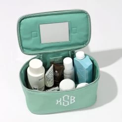 Monogrammed Train Travel Case 7 Monogrammed Train Travel Case -Fashion Clothing Store K1L mint travel train case open filled with beauty products