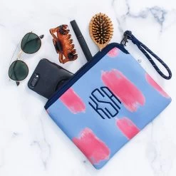 Monogrammed Neoprene Wristlet 19 Monogrammed Neoprene Wristlet -Fashion Clothing Store KNe Monogrammed Wristlet in blue and pink paintbrush with accessories