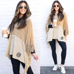 Monogrammed Striped Chenille Poncho 7 Monogrammed Striped Chenille Poncho -Fashion Clothing Store KO9 tan striped chenille poncho split image