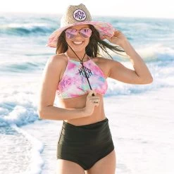 Monogrammed Straw Hat -Fashion Clothing Store KY0 tie dye high neck bikini top at beach