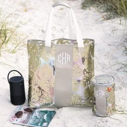Monogrammed Clear Ditty Bag 15 Monogrammed Clear Ditty Bag -Fashion Clothing Store KgM metallic palm massive beach bag and clear ditty on beach sand